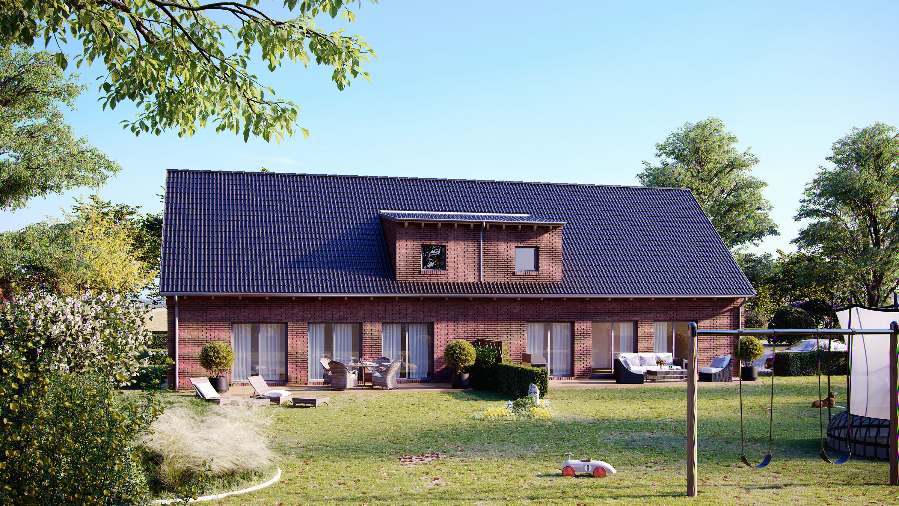 Brick family house with garden render