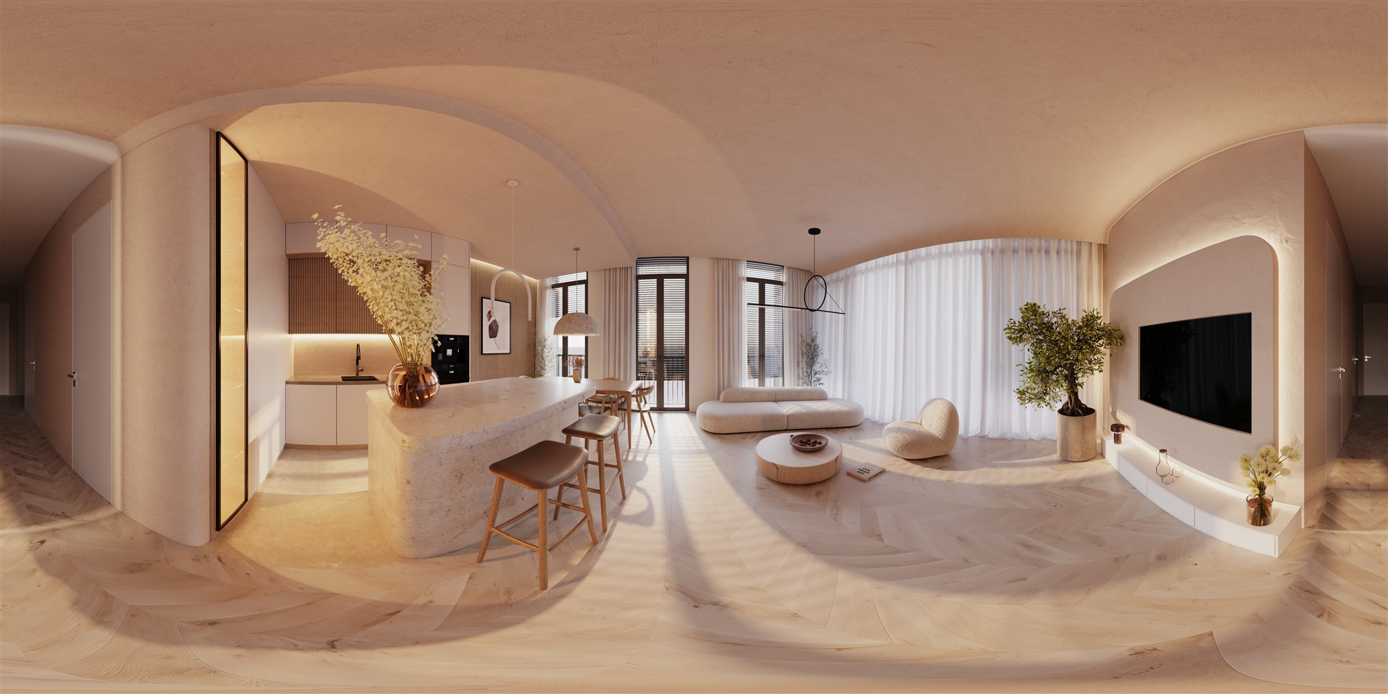 Curved kitchen and living render