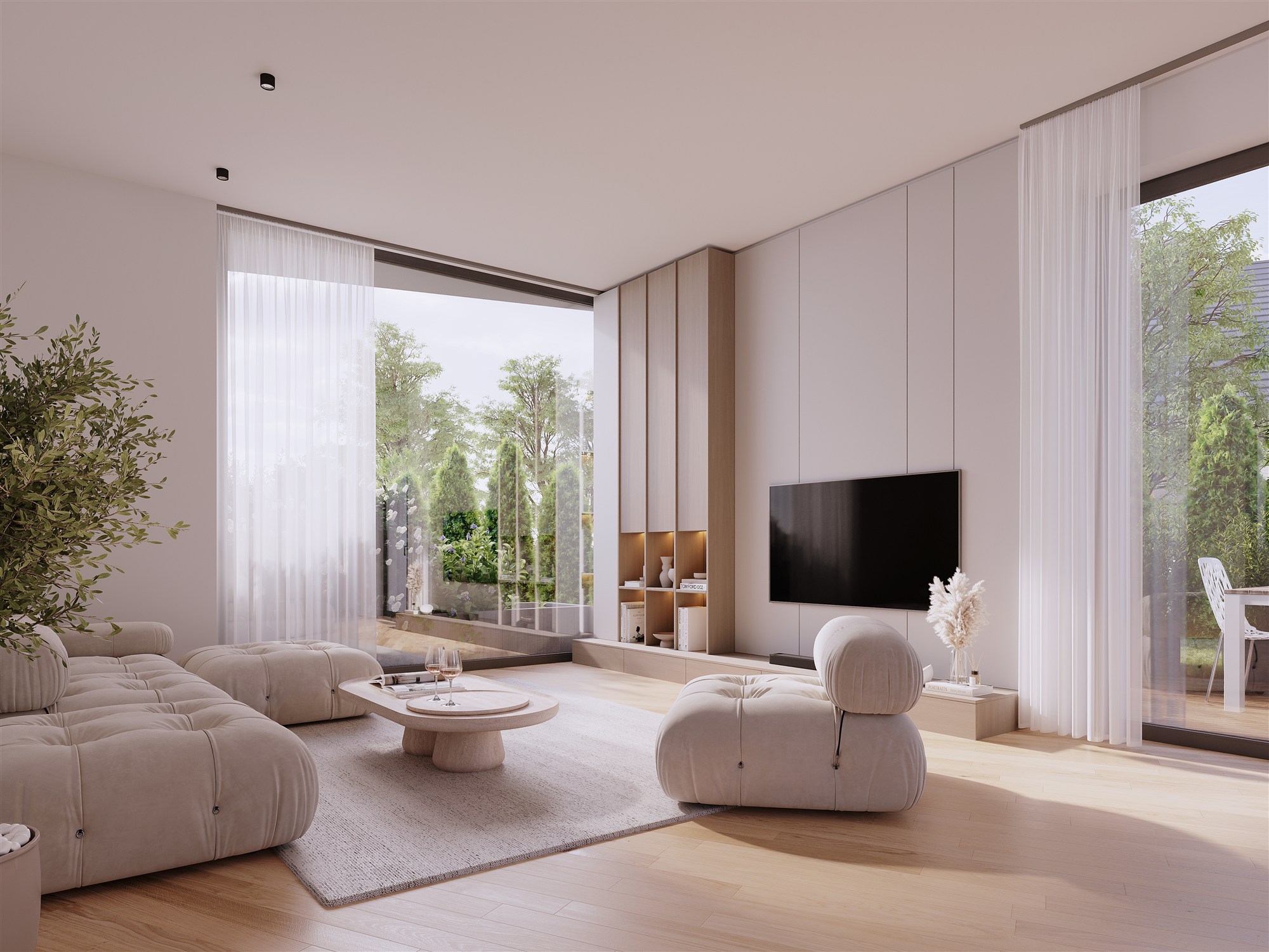 Living room with garden view render