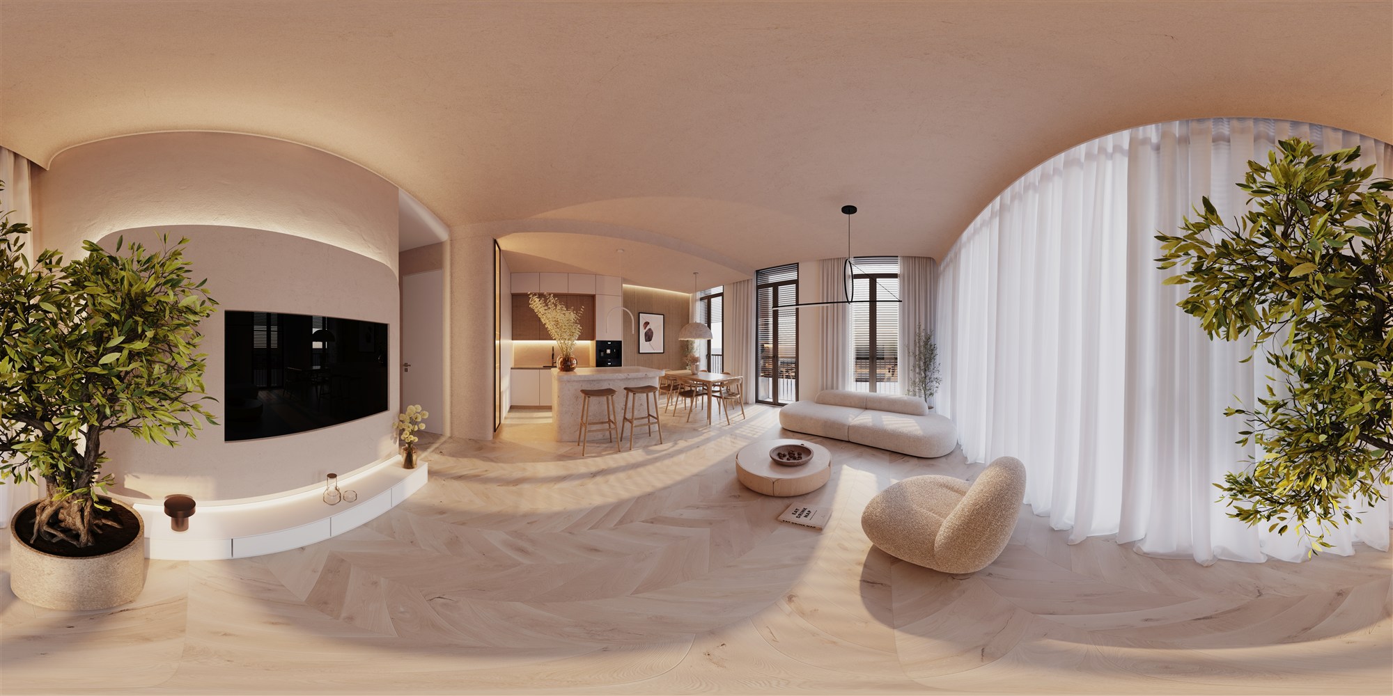 Panoramic living and dining render