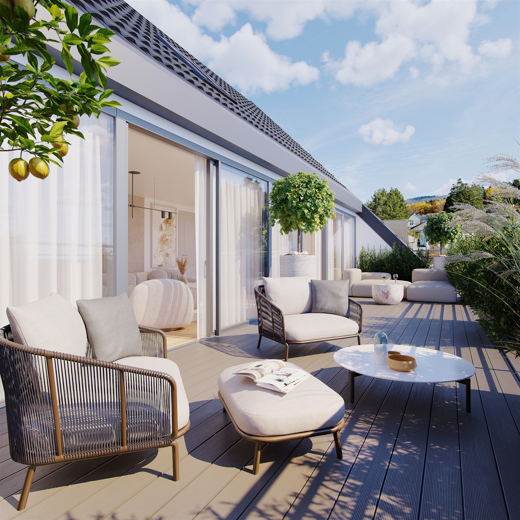 Rooftop terrace with skyline render