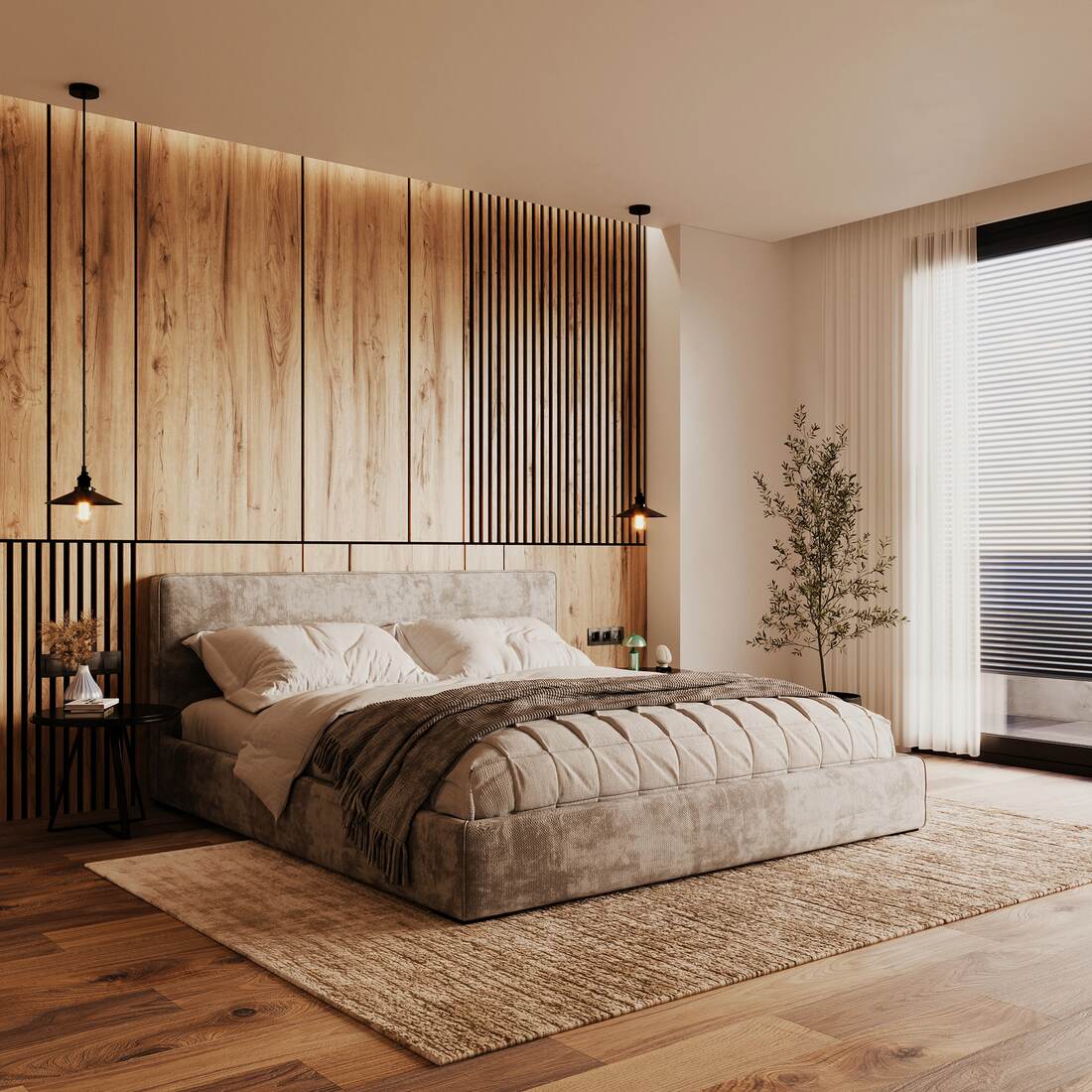 Wood-paneled bedroom interior render
