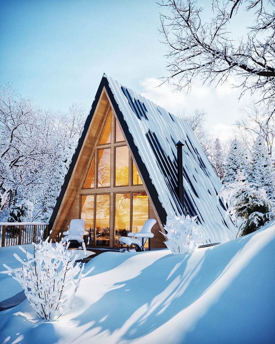 A-frame cabin winter exterior render